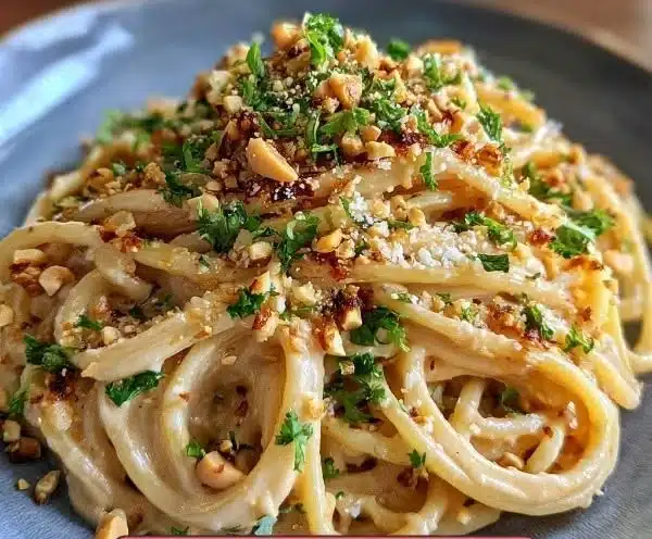 Creamy peanut noodles served in a bowl with fresh vegetables and herbs