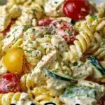 Creamy Ranch Protein Pasta Salad with fresh vegetables and protein-rich pasta