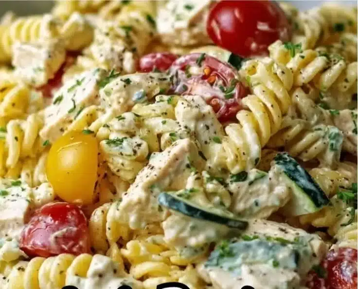 Creamy Ranch Protein Pasta Salad with fresh vegetables and protein-rich pasta