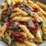 Delicious creamy Tuscan beef pasta served in a bowl