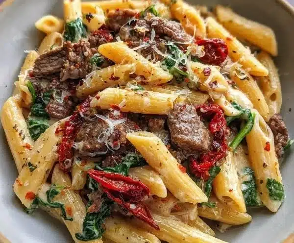 Delicious creamy Tuscan beef pasta served in a bowl