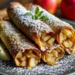 Crispy apple pie taquitos served with cinnamon sugar and caramel sauce.