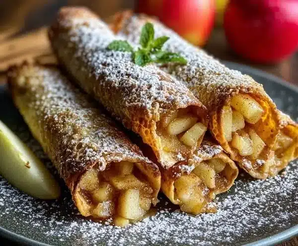 Crispy apple pie taquitos served with cinnamon sugar and caramel sauce.