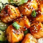 Crispy Bang Bang Salmon Bites served in a bowl with fresh vegetables and sauce