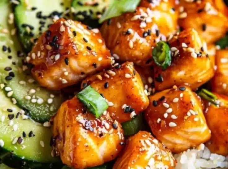 Crispy Bang Bang Salmon Bites served in a bowl with fresh vegetables and sauce