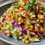 A colorful bowl of crunchy corn slaw served with fresh vegetables