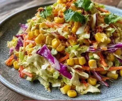 A colorful bowl of crunchy corn slaw served with fresh vegetables