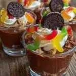 Delicious Dirt and Worms Pudding Cups topped with gummy worms and crushed cookies.