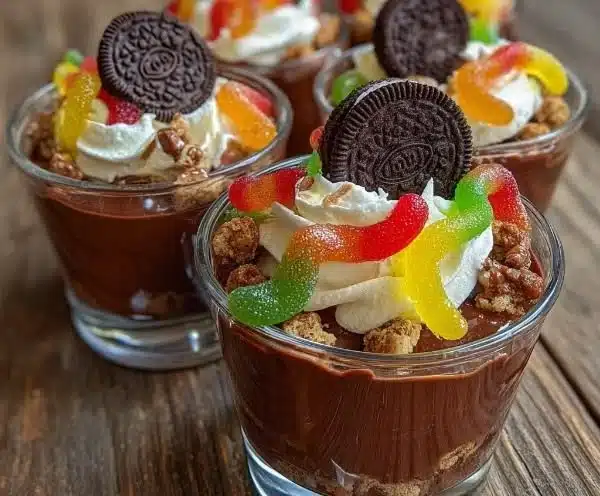 Delicious Dirt and Worms Pudding Cups topped with gummy worms and crushed cookies.