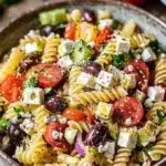 A bowl of easy Greek Pasta Salad with vibrant vegetables and feta cheese
