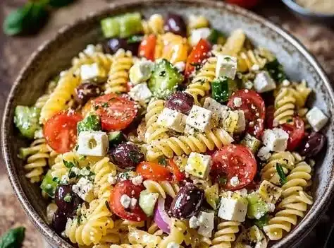 A bowl of easy Greek Pasta Salad with vibrant vegetables and feta cheese