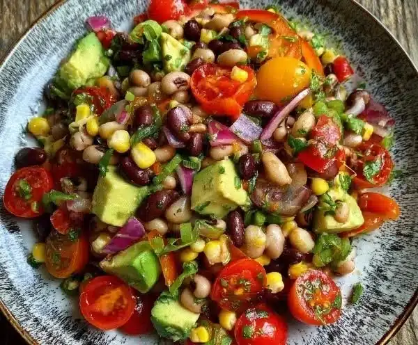 Bowl of fresh Tex-Mex cowboy caviar with colorful ingredients