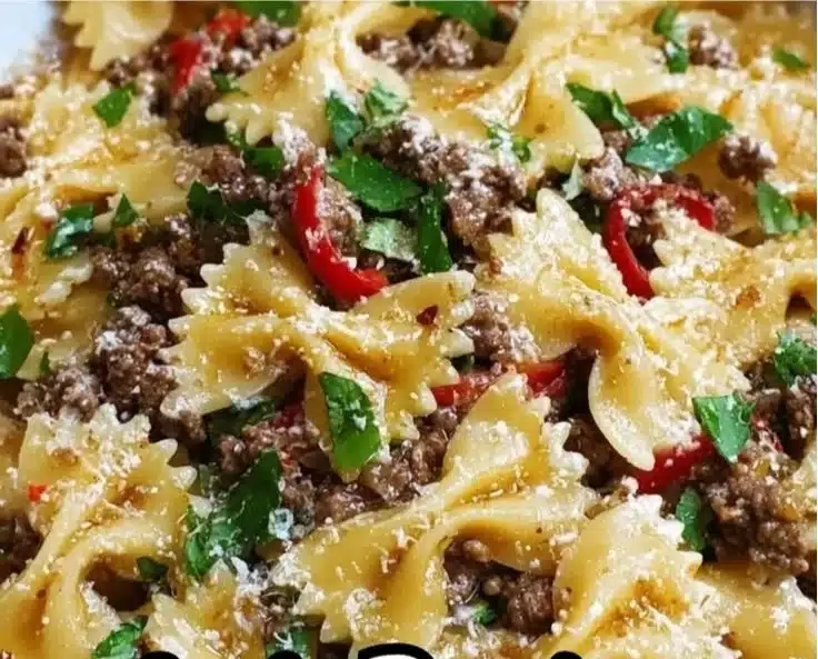 Delicious garlic butter bowtie pasta garnished with parsley.