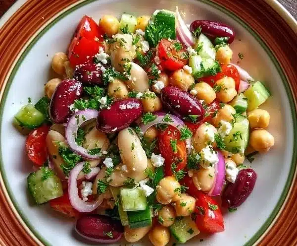 Delicious Greek Bean Salad featuring lemon marinated beans and fresh vegetables