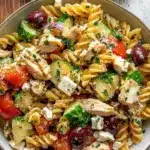 Delicious Greek Chicken Pasta Salad with fresh ingredients and vibrant colors
