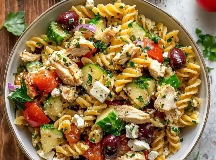 Delicious Greek Chicken Pasta Salad with fresh ingredients and vibrant colors