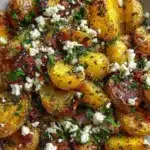 Greek lemon feta roasted potatoes garnished with fresh herbs.