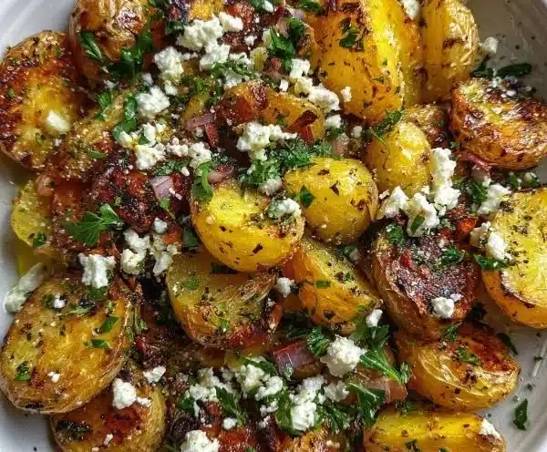 Greek lemon feta roasted potatoes garnished with fresh herbs.