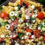 Colorful Greek Pasta Salad with olives, feta, and fresh vegetables