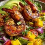 Grilled shrimp avocado bowl topped with mango salsa and fresh vegetables