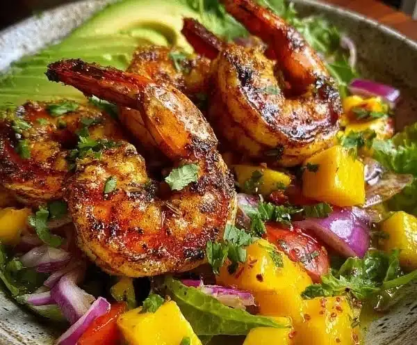 Grilled shrimp avocado bowl topped with mango salsa and fresh vegetables