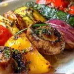 Colorful grilled vegetable platter featuring peppers, zucchini, and eggplant.