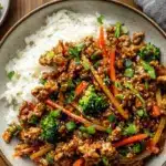 Plate of ground turkey teriyaki served with vegetables and rice