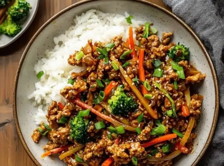 Plate of ground turkey teriyaki served with vegetables and rice