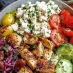 Healthy Greek chicken bowls with fresh vegetables and grains