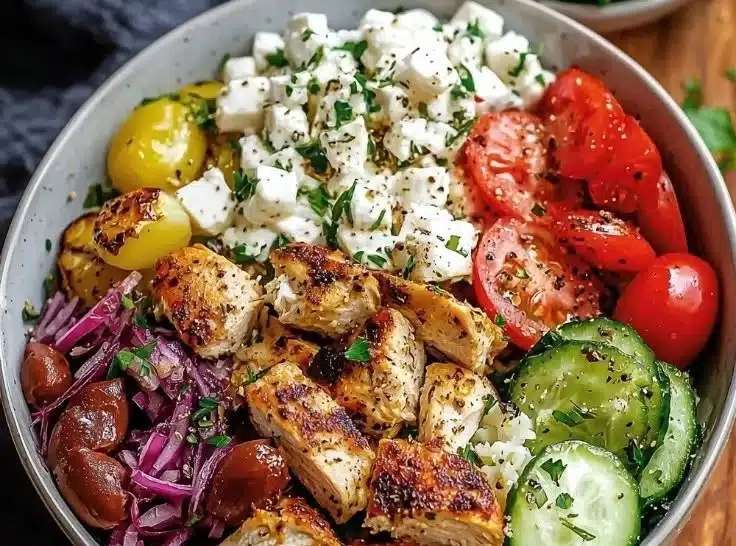 Healthy Greek chicken bowls with fresh vegetables and grains