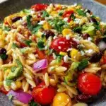 Hearty Cowboy Style Orzo Salad with colorful vegetables and ranch dressing