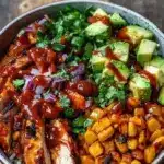 High protein BBQ chicken bowl topped with roasted sweet potatoes and fresh vegetables