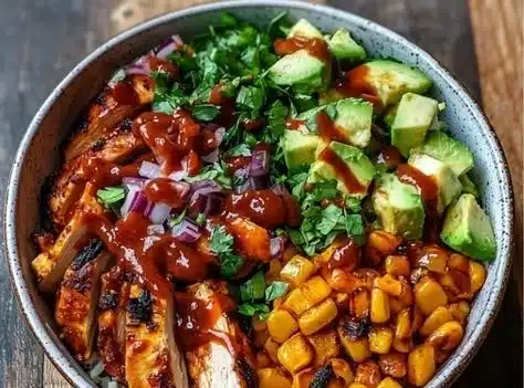 High protein BBQ chicken bowl topped with roasted sweet potatoes and fresh vegetables