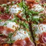 High protein burrata pizza topped with fresh ingredients