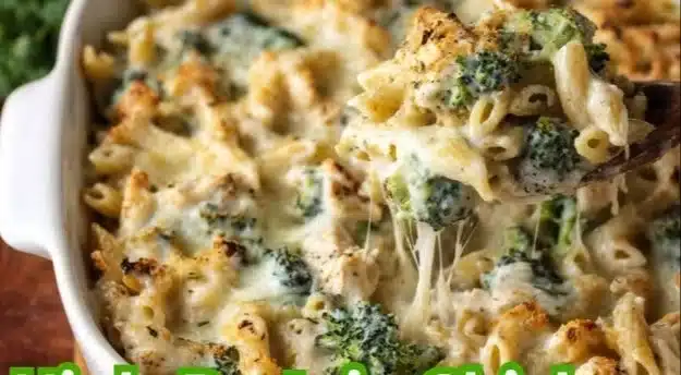 High Protein Chicken Alfredo Bake topped with creamy sauce and cheese
