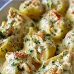 High protein chicken Alfredo stuffed shells ready to be served