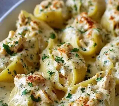 High protein chicken Alfredo stuffed shells ready to be served