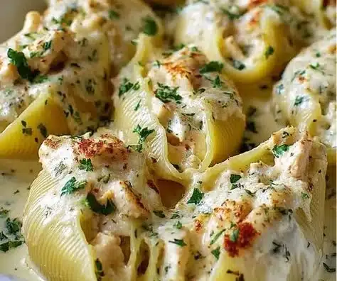 High Protein Chicken Alfredo Stuffed Shells