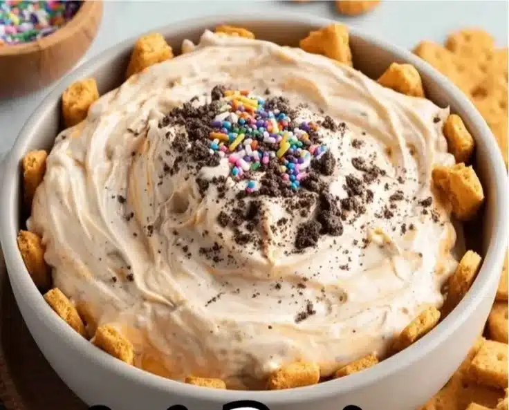 High protein Dunkaroo Dip served in a bowl with colorful sprinkles and fruit.