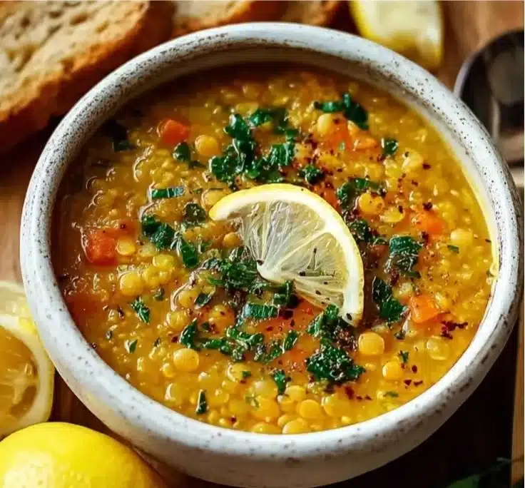 High Protein Golden Lemon Lentil Soup in a bowl, garnished with lemon slices.
