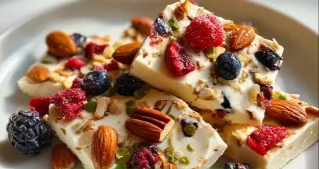 Delicious high protein Greek yogurt bark topped with berries and nuts.