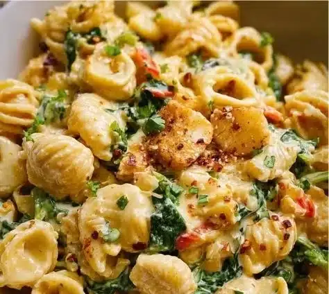 Plate of high-protein pasta with vegetables and sauce for a nutritious meal.