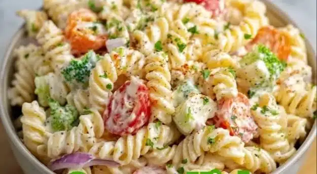 High protein pasta salad with colorful vegetables and protein-rich ingredients