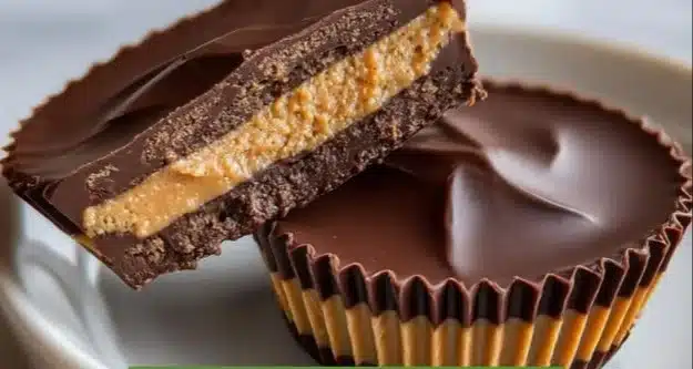 High protein peanut butter cups filled with creamy peanut butter and chocolate.