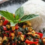 Delicious high-protein Thai basil tofu served in a vibrant dish.