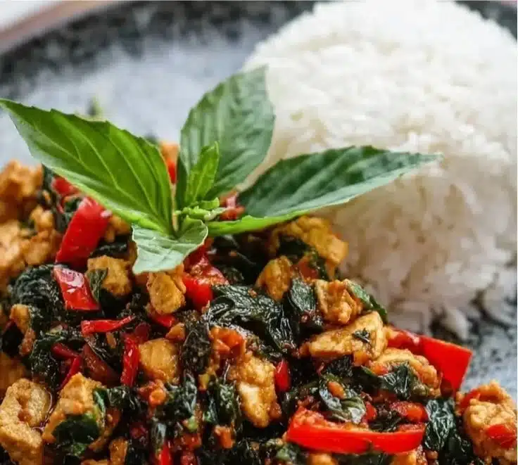 Delicious high-protein Thai basil tofu served in a vibrant dish.