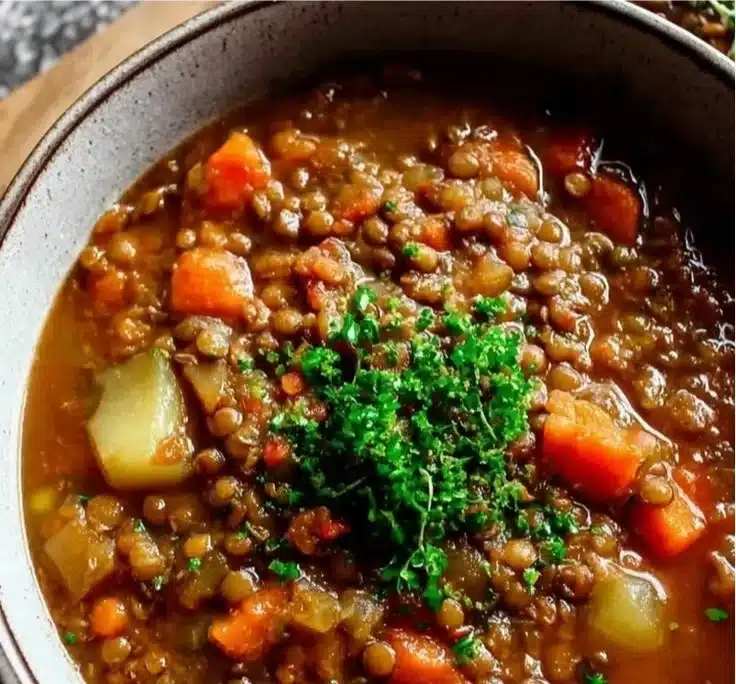 Bowl of high-protein vegetarian lentil soup with fresh herbs