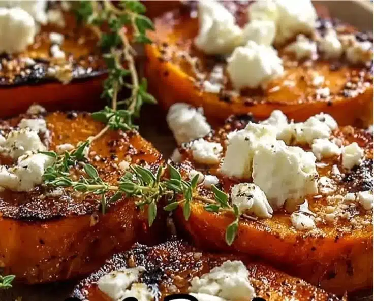 Honey Feta Sweet Potato Rounds garnished with herbs on a serving platter
