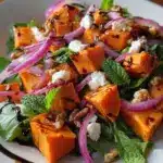 Honey-glazed sweet potato salad topped with fresh herbs and nuts
