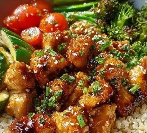 Hot honey chicken bowl topped with spicy sauce and garnished with herbs